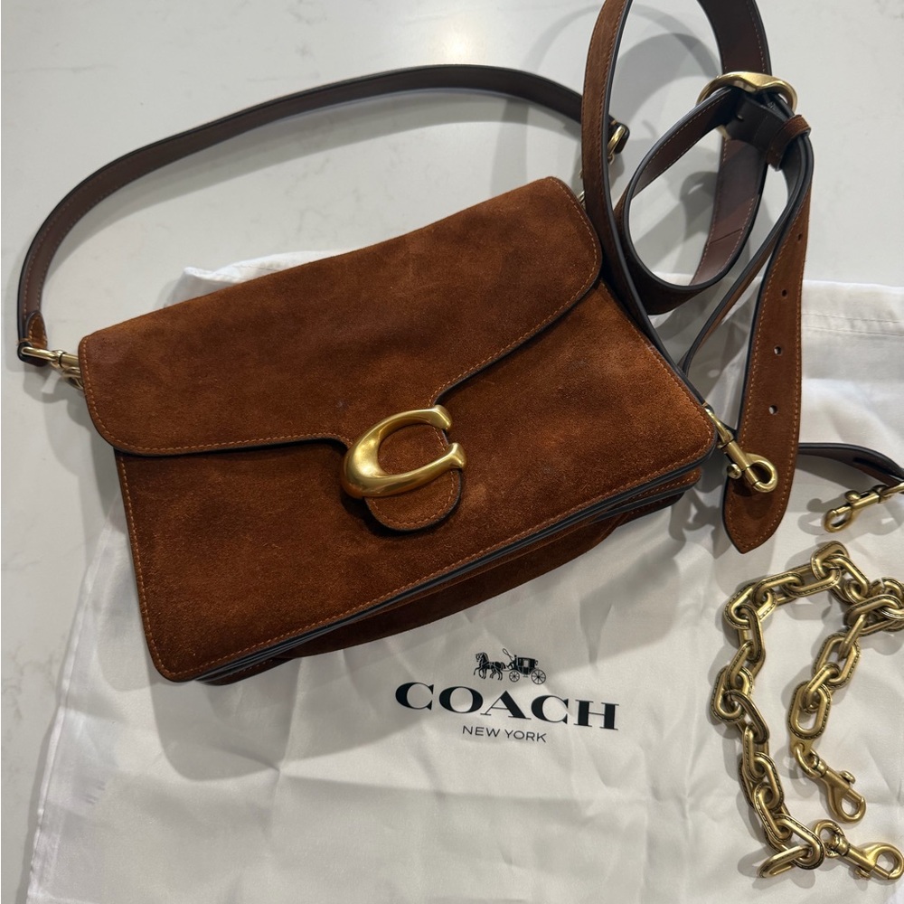 Coach Brown Suede Crossbody Bag with Gold Hardware